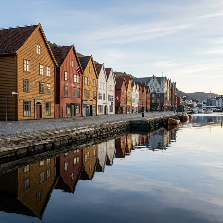 Row of ochre, red, and yellow Hanseatic wooden buildings along Bryggen wharf at morning with reflections in Bergen harbour, Bergen, Vestland, Norway