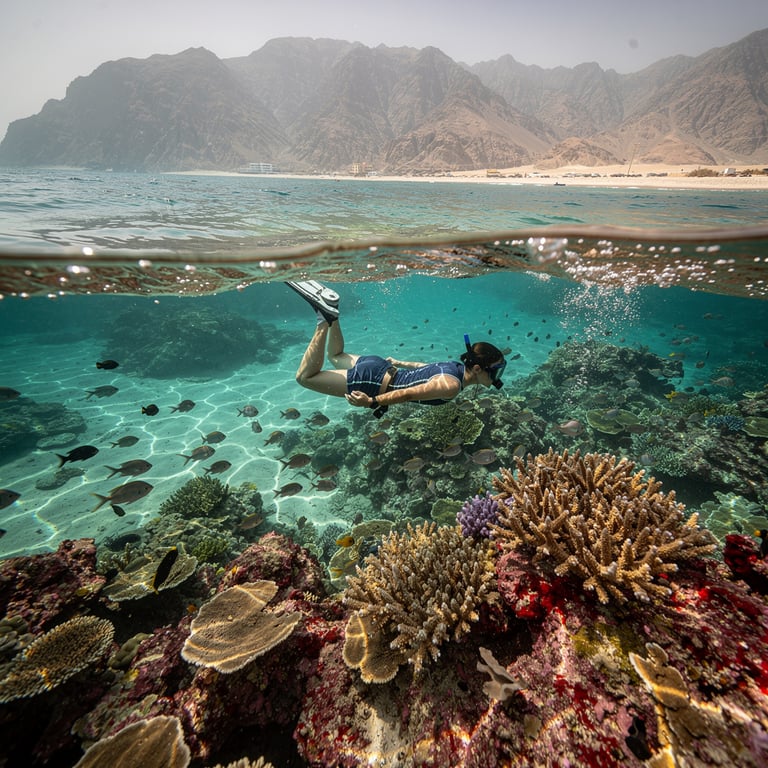 Snorkeller above a shallow coral reef at Snoopy Island with the Hajar Mountains breaking the surface behind, Fujairah, UAE