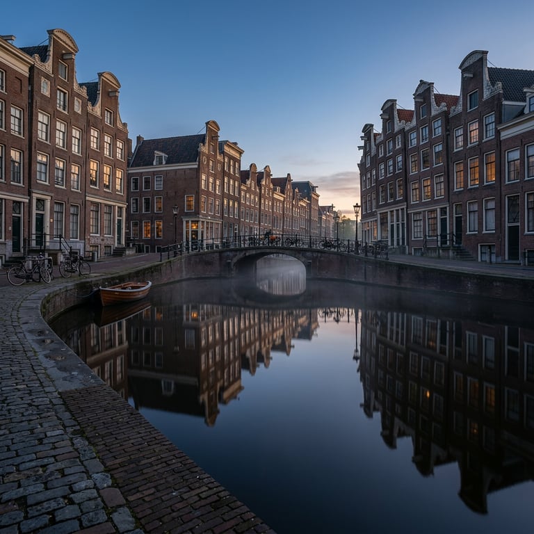 Amsterdam canal ring at dawn with gabled Golden Age townhouses reflected in still water and a bicycle leaning against a bridge, Jordaan, Amsterdam, Netherlands