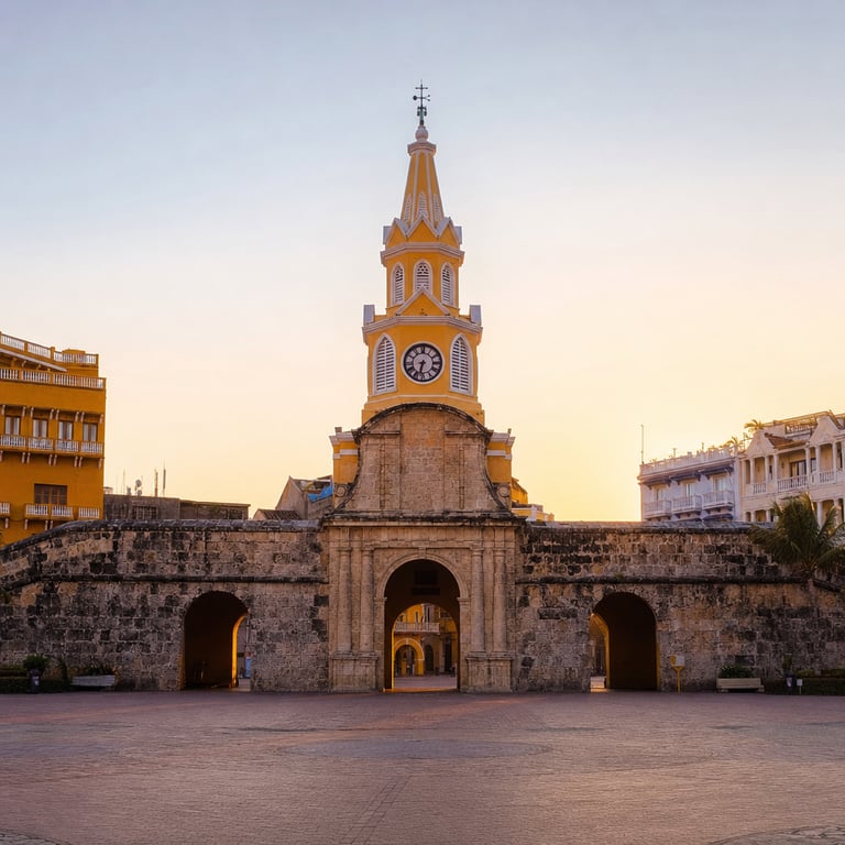 The Clock Tower gate of Cartagena's walled city at sunrise with the Plaza de los Coches visible through the arch and golden morning light on the colonial facades, Colombia