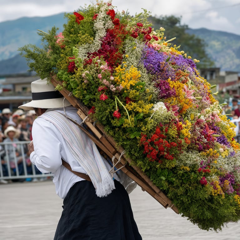 A silletero carrying an elaborate flower silleta arrangement during the Desfile de Silleteros at the Feria de las Flores in Medellín, Antioquia, Colombia