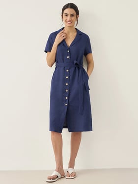 100% Linen V-Neck Button-Front Shirt Dress EILEEN - Navy Blue / XXL