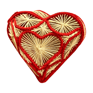 Big Heart Woven Trinket Box - Natural Straw with Red Accents