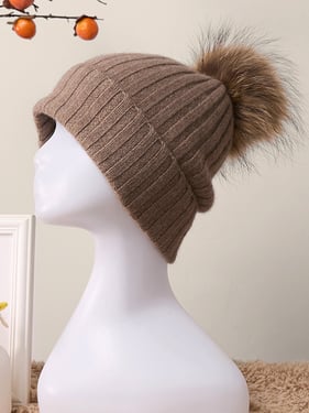 100% Cashmere Rib-Knit Slouchy Beanie With Pom-Pom - Camel / One Size