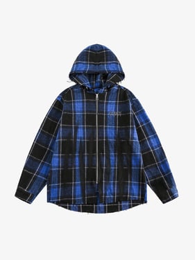 Thesupermade Plaid Brushed Cardigan Hooded Shirt - Blue / 2XL