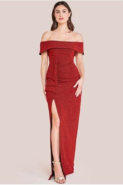 Goddiva Sparkle Bardot Maxi With Waterfall Ruffle - Red