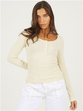 Brave Soul Ribbed Button Top - Almond - XS