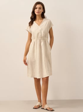 100% Linen Striped Elastic-Waist Midi Dress ARIA - Beige Stripe / XXL
