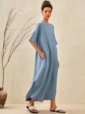 100% Linen Loose Fit Kimono Maxi Dress MADDIE - Powder Blue / XXL