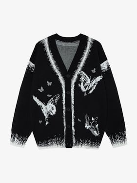 Retro Butterfly Gradient Knit Cardigan Sweater - Black / XL