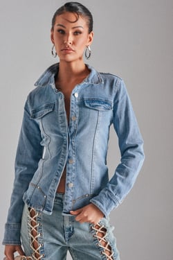 AKIRA Rock My World Denim Button Down Top | Light Blue | Size Medium