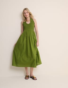 Green Shirred Halterneck Caterina Midi Dress