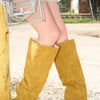 AKIRA Azalea Wang Vincent Mustard Suede Open Toe Boot | Size 10