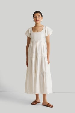 Puff Sleeve Tiered Dress in White - Coconut White / 3XL