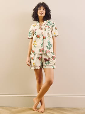 Womens Natural Cream Wallpaper Floral Cotton Shorts Pyjama Set - 3XL / 22-24 / Natural