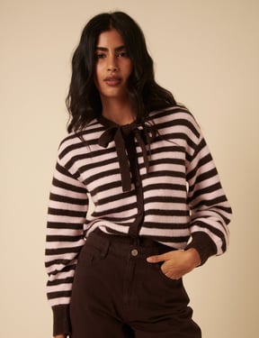 Brown And Pink Striped Tie Neck Cardigan