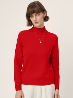 Premium Cashmere Blend Hand-Finished Seamless Mock Neck Ribbed Sweater RHEA - Crimson Red / XXL