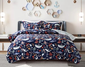 QE Home Sea Creatures Recycled Polyester Coverlet Set, Scenic, Blue, Queen