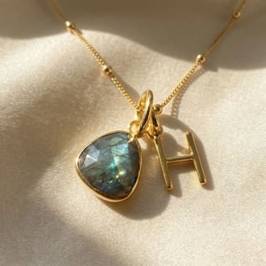 18ct Gold Vermeil Plated Labradorite Initial Necklace - L / Fine beaded chain