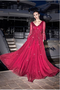 Goddiva Sunray Hand Embellished Sequin A-Line Bell Sleeve Maxi Dress - Burgundy