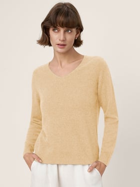 Premium Cashmere Blend Hand-Finished Seamless V-Neck Sweater SURI - Khaki / L
