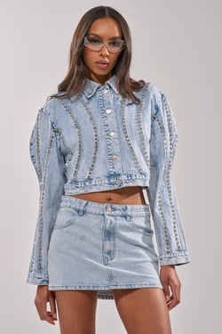 AKIRA Extra Extra Embellished Denim Jacket | Light Blue | Size 1X
