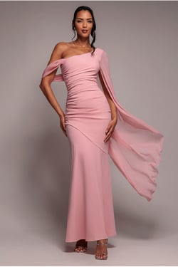 Goddiva One Shoulder Cape Scuba & Chiffon Maxi Dress - Blush Pink