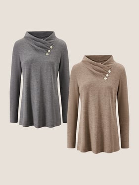 Cashmere Asymmetric Cowl Neck Stretch Top TATIANA - Charcoal Grey/Khaki / XXL