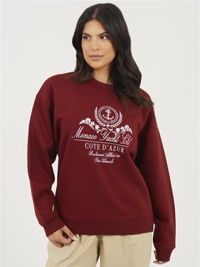 Brave Soul Embroidery Crew Neck Sweater - Burgundy - XS
