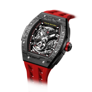 TSAR BOMBA Men's Automatic Watch | Passion Red | Stainless Steel Case | Carbon Fiber Bezel | Japanese Mechanical Skeleton Movement | Luxury Sport Wristwatch | Elemental TB8228CF