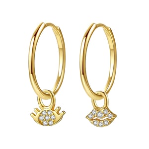 Eyes and Lips Charm Hoop Earrings Sterling Silver Gold