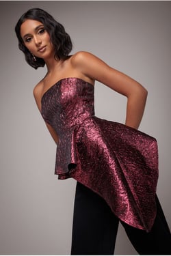 Goddiva Boob Tube Jacquard Top With Asymmetric Peplum Frill - Burgundy Red
