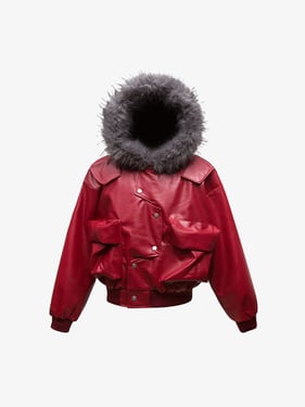 Deconstructed Multi Pocket Fur Hooded PU Leather Jacket - 2566 - Red / XL