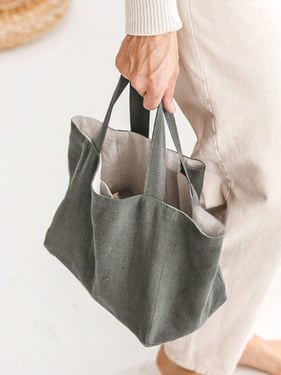 100% Linen Large-Capacity Tote Bag - Grey / One Size