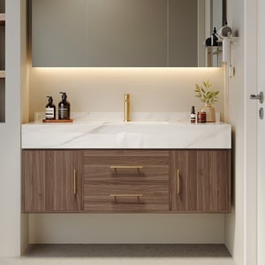 39" Floating Bathroom Vanity Set Wall Mounted Stone Countertop Washroom Medicine Cabinet Walnut with Undercounter Ceramic Sink