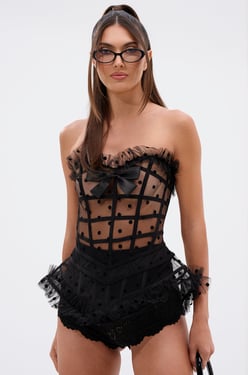 AKIRA Maeve Polka Dot Corset Top | Black | Size XL