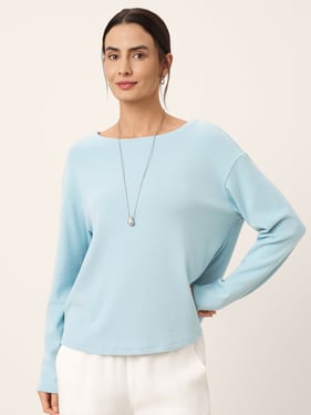 Boat Neck Button Back Long Sleeve Top AIRA - Mist Blue / XXL