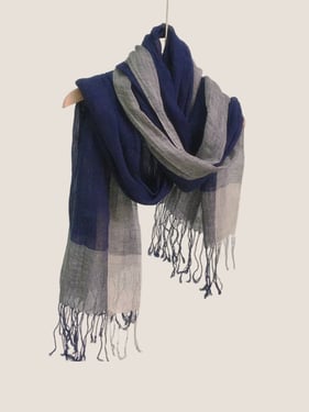 Linen Checkered Lightweight Scarf - Navy Blue / One Size