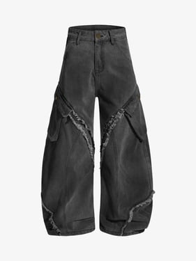 Retro Washed Distressed Deconstructed Patchwork Barrel Jeans - Gray / XXL