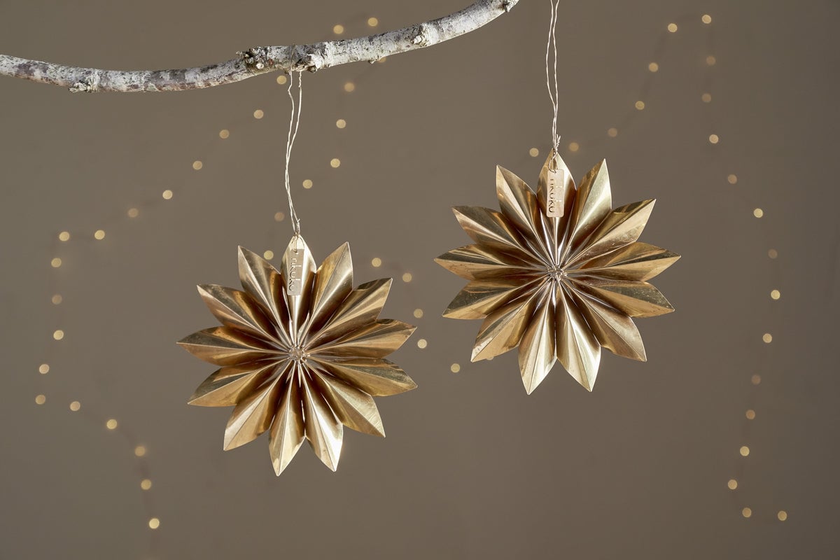 nkuku Amata Brass Star Baubles Set Of 2 | Christmas Decorations | Antique Brass
