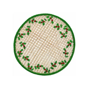 Christmas Holly Handwoven Round Iraca Palm Placemat – Natural with Green and Red Details | Festive Round Table Decor