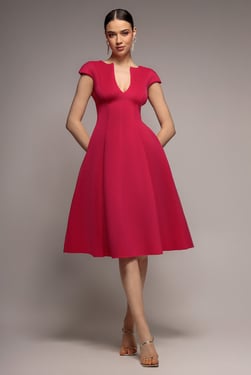 Goddiva Cap Sleeve Plunging V-Neckline A-line Midi Dress - Magenta