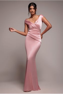 Goddiva Satin Off The Shoulder Maxi Dress - Pink