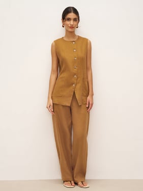 100% Linen Arc-Placket Button-Front Vest ELFRIDA - Ochre / XXL