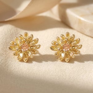 Citrine November Birthstone Chrysanthemum Birthflower Gold Plated Stud Earrings