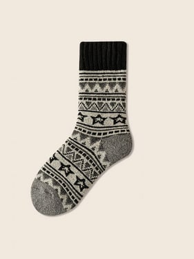 Wool Blend Retro Jacquard Thick Over-the-Calf Socks - Grey / One Size