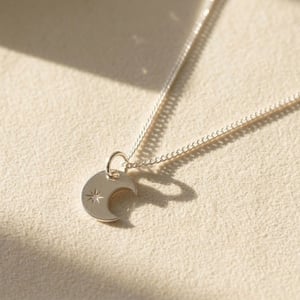 Crescent Moon Charm Wtih Star Sterling Silver Necklace