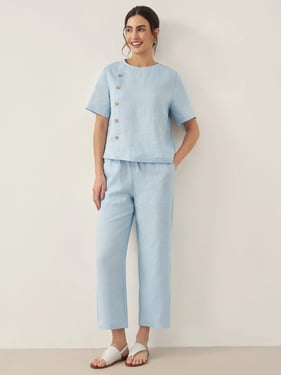 100% Linen Short-Sleeve Round Neck Button Detail Top & Pants Set JOSIE - Baby Blue / Sets / XXL