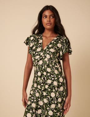 Black Floral Frill Sleeve Martha Midi Dress