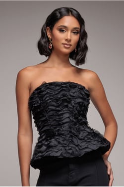 Goddiva Peplum 3D Textured Boob Tube Lace Up Corset - Black